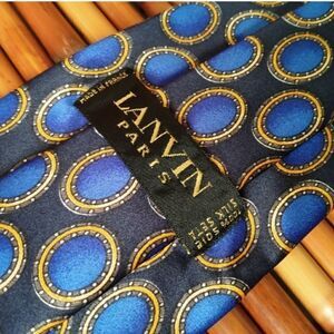EUC LANVIN Black w/Blue Rimmed Yellow Ovals 100% Silk Tie 59 x 3.5 in.